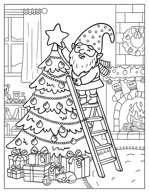 En tomte hänger julpynt i en gran.