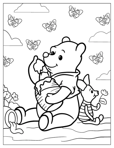Pooh y Piglet aparecen juntos en un entorno natural.