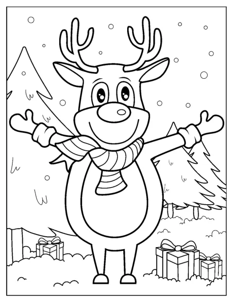 Rudolph está na neve num cenário de Natal.