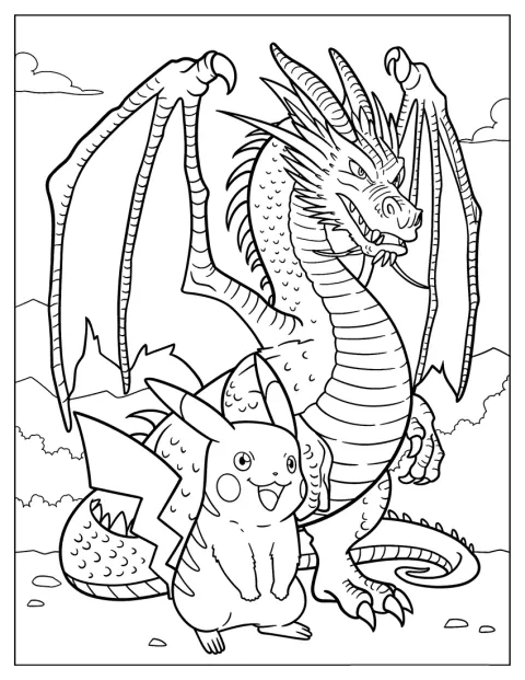 Charizard ja Pikachu kulkevat metsässä puiden keskellä.