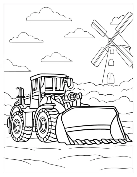 En bulldozer står framför en väderkvarn.