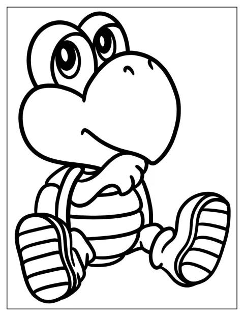 Mały Koopa Troopa uśmiecha się radośnie.
