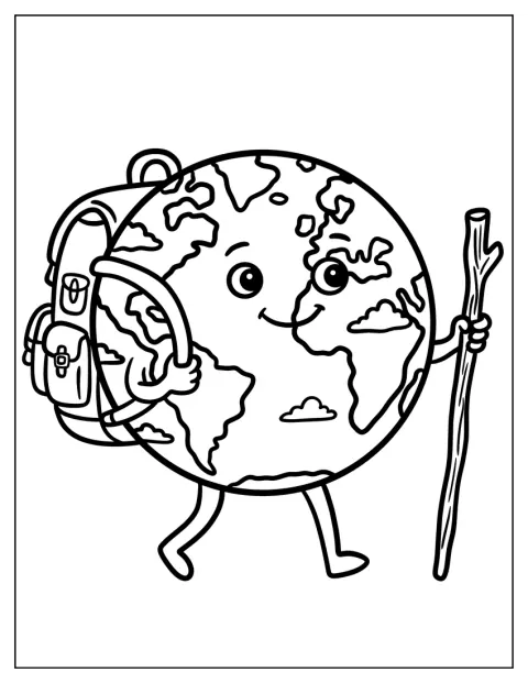 Die Erde wandert mit Rucksack und Wanderstock einen Weg entlang.