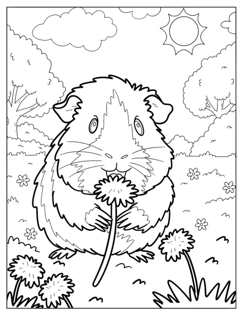 Ein glückliches Meerschweinchen hält auf einer Wiese eine Blume.