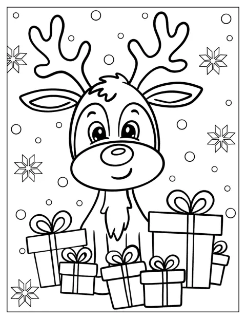 Rudolph sitter bland flera inslagna julklappar.