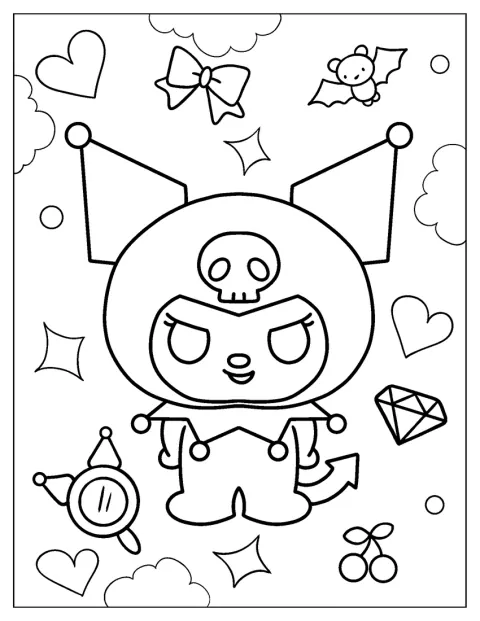 Kuromi, dibujada en estilo chibi, aparece rodeada de murciélagos y corazones.