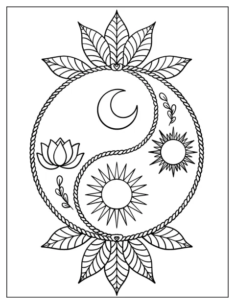 Lotosový květ obklopuje symbol jin-jang se sluncem a měsícem.