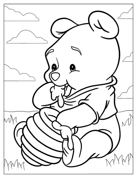 Winnie the Pooh, de bebé, come miel de un tarro.