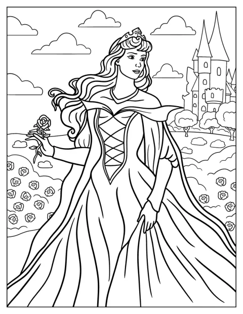 Davanti al castello, Aurora tiene in mano una rosa.