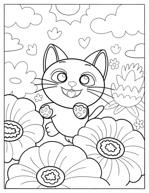 Um gatinho brincalhão explora um jardim rodeado de flores.