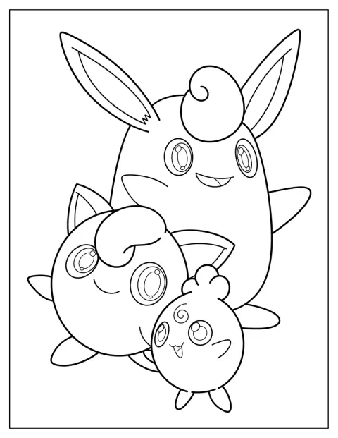 Igglybuff, Jigglypuff i Wigglytuff stoją razem.