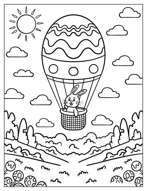 Iepurașul zboară deasupra unui câmp cu ouă, într-un balon cu aer cald.