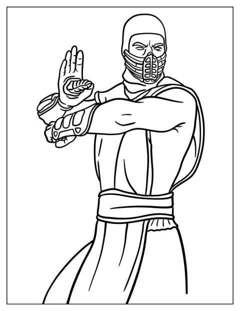 Scorpion står redo för strid i sin mask och rustning.