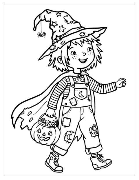 Dívka v potrhaném čarodějnickém kostýmu chodí koledovat na Halloween.