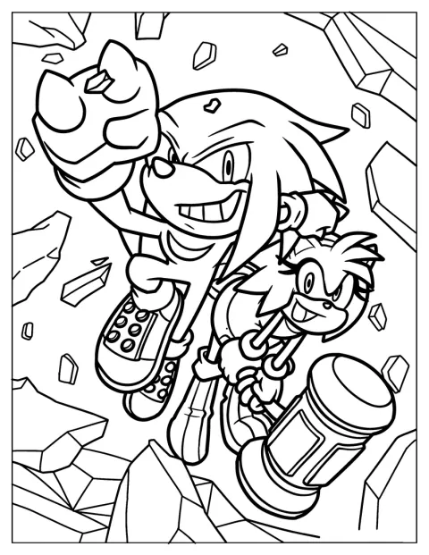 Knuckles ja Amy Rose murtautuvat yhdessä seinän läpi.