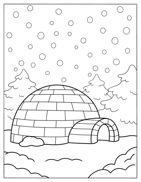 Een iglo staat in een winters bos, omringd door bomen.