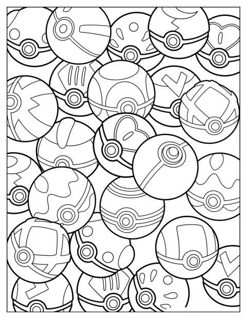 ページいっぱいに、デザインの異なるモンスターボールが並んでいます。