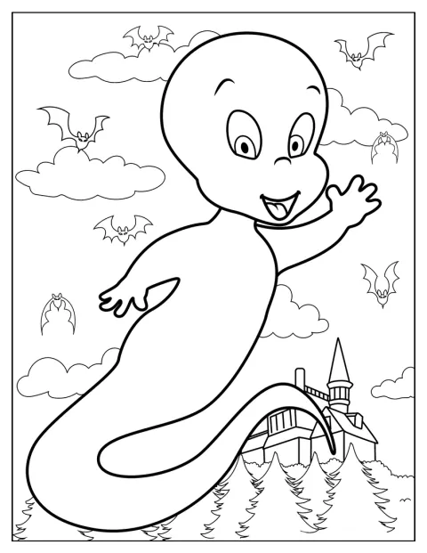 Casper, o fantasma, flutua com um sorriso e os braços abertos.