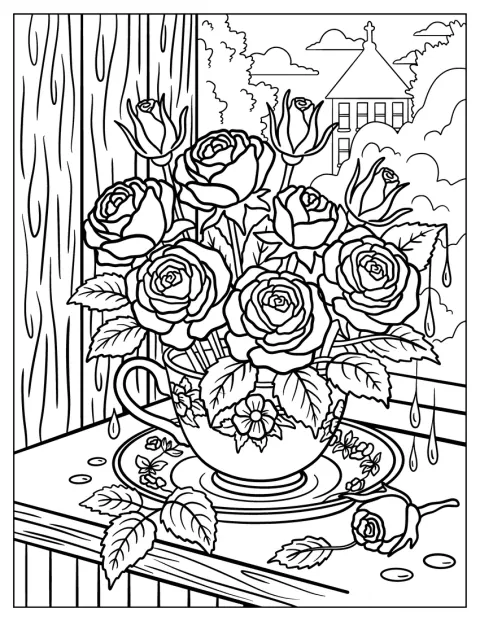 Rose raccolte in una tazza decorata sono accanto a una finestra.