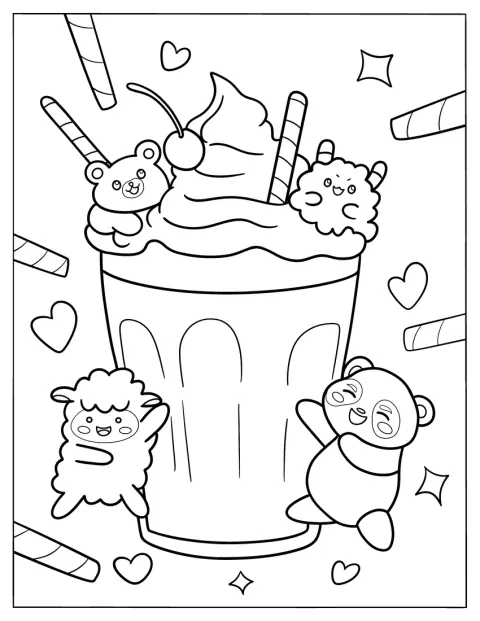 Kleine dieren steken hun kopjes boven een grote milkshake uit.