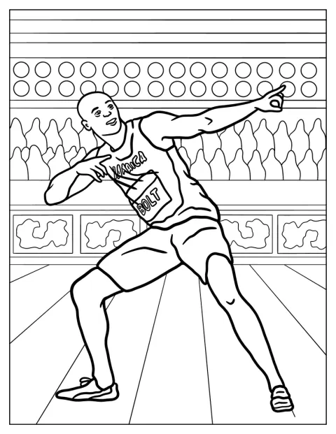 Usain Bolt neemt na een olympische race zijn kenmerkende overwinningspose aan.