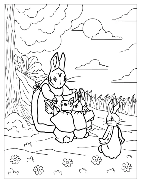 Josephine Rabbit cuida de Flopsy, Mopsy, Cotton Tail e Peter Rabbit.