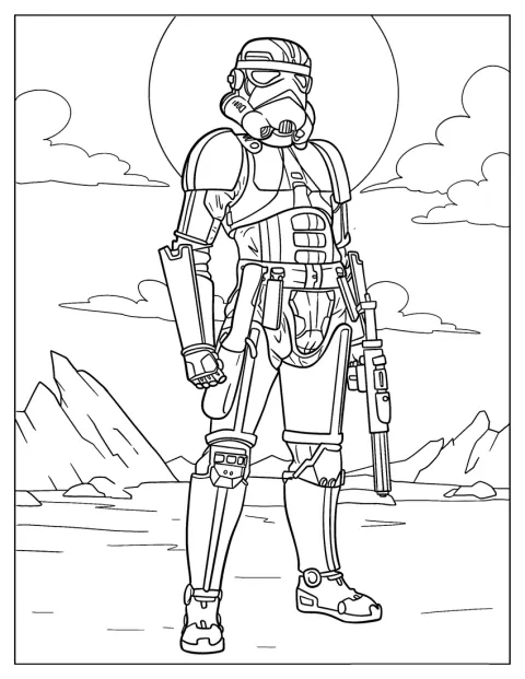 En Star Wars-Shocktrooper står alene i ørkenlandskabet.