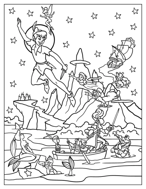 Över Landet Ingenstans flyger Peter Pan med Tingeling och sina vänner.