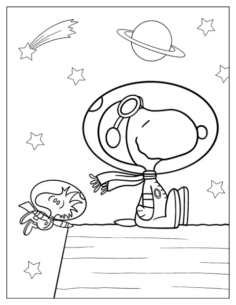 Snoopy svæver rundt i rummet.