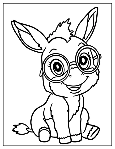 Un petit âne est assis, coiffé de lunettes rondes.