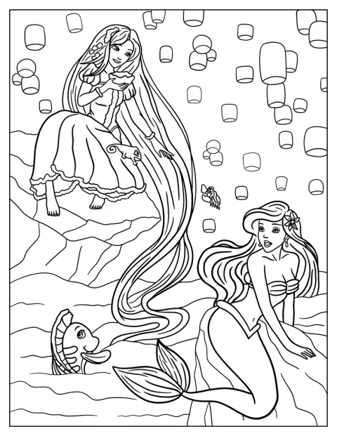 Rapunzel e Ariel aparecem juntas, com os seus vestidos e cabelos compridos.
