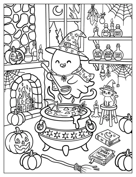 Witch Ghost Stirring a Magic Cauldron Coloring Page