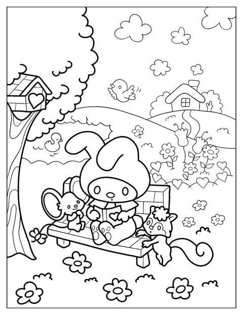 My Melody lukee kirjaa Flatin ja Risun seurassa.