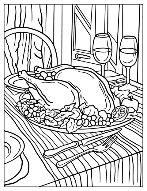 Indyk stoi obok dwóch kieliszków do wina.