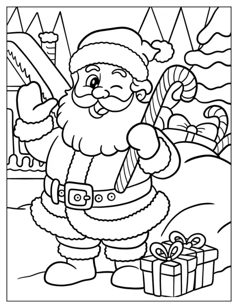 Santa Claus mrká a nese pruhovanou cukrovou hůlku.
