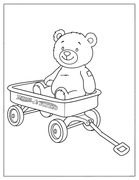 Um urso de peluche viaja sentado num pequeno vagão de brincar.