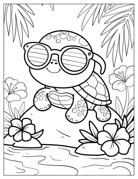 Una tortuga bebé con gafas de sol se sienta sobre una roca.