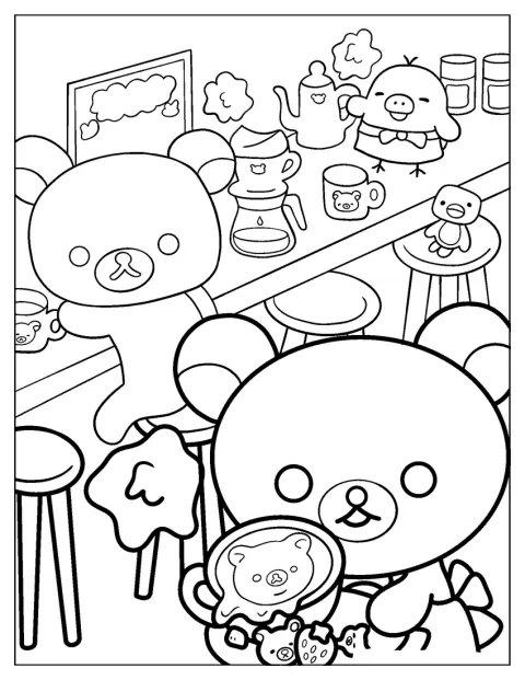 Korilakkuma, Kiiroitori y Rilakkuma están juntos en una cafetería.
