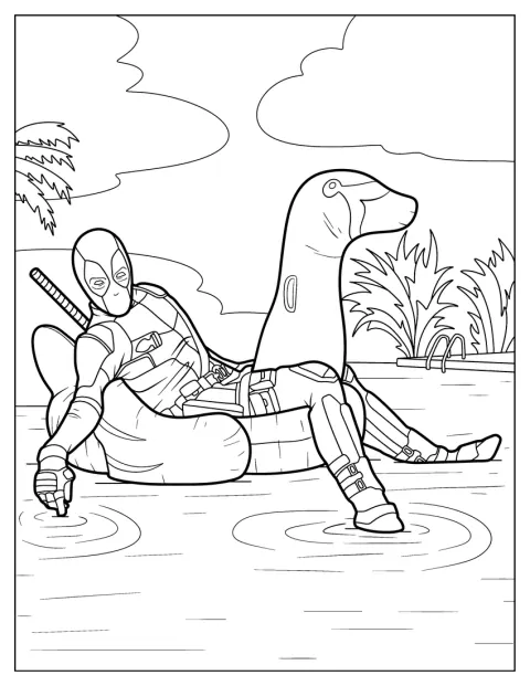 W basenie Deadpool relaksuje się w wodzie.