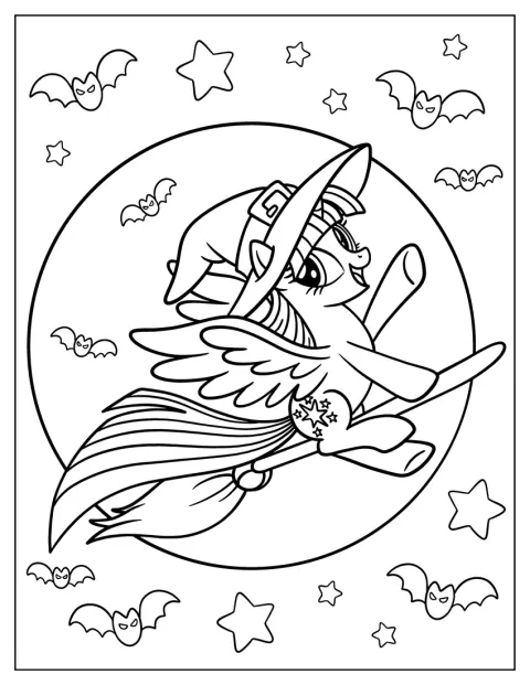 Halloweenkor Twilight Sparkle seprűn száll az égen.