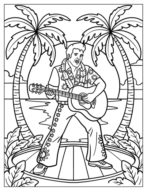 Singing Elvis Coloring Page with a Guitar at the Beach with Sunset and Palm Trees