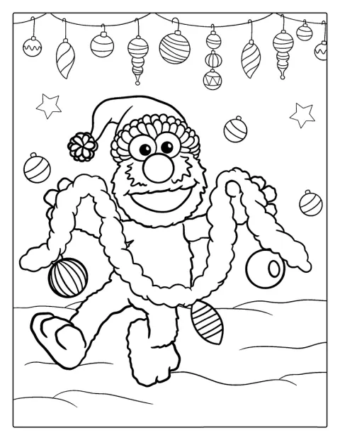 Elmo célèbre Noël dans un décor de fête.