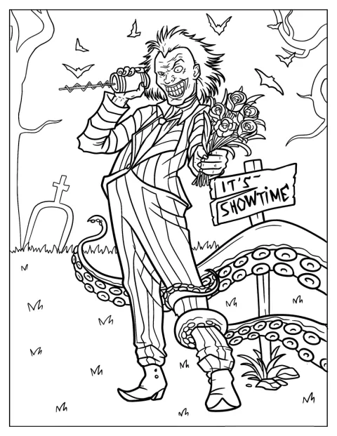 Beetlejuice tient un bouquet de fleurs entre ses mains.