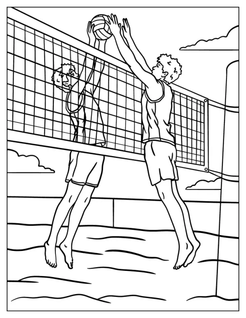Un ragazzo salta per bloccare il pallone da pallavolo in aria.