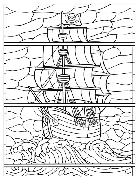 Et piratskib er afbildet i et mønster, der ligner glasmosaik.