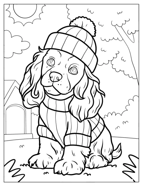 Um cachorrinho spaniel usa um gorro e uma camisola.