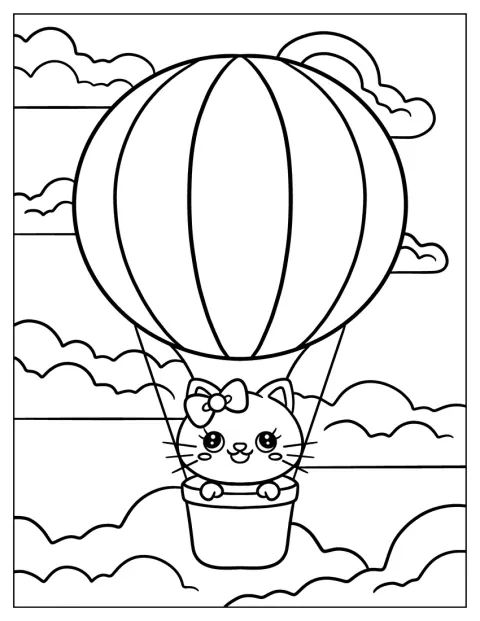 Um gatinho viaja como passageiro num balão de ar quente.