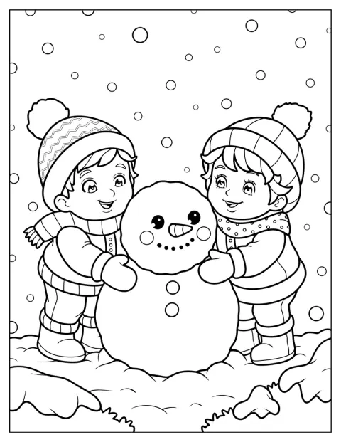 帽子をかぶった子どもたちが、一緒に雪だるまを作っています。