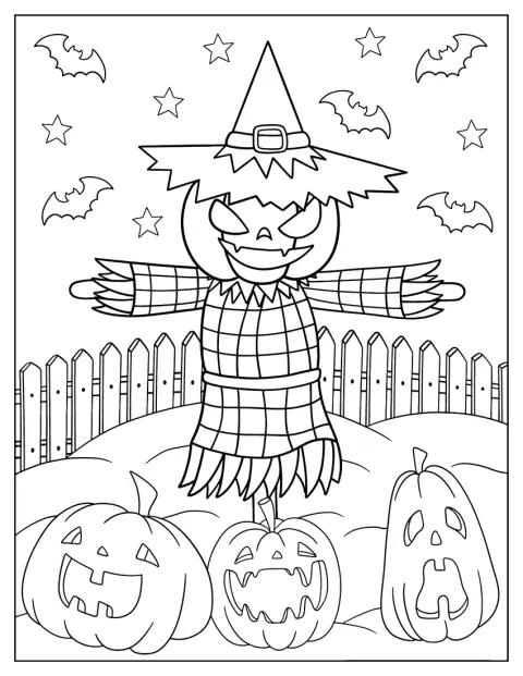 Strašák s vyřezávanou dýní místo hlavy stojí na halloweenské scéně.