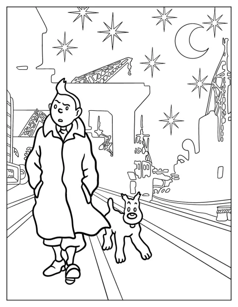 Tintin et Milou parcourent les rues de la ville à la nuit tombée.